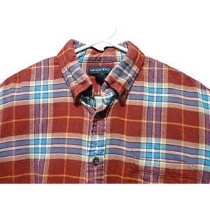Lands' End Flannel Shirt Mens Large Red Blue Plaid‎ Traditional Fit Cotton LS